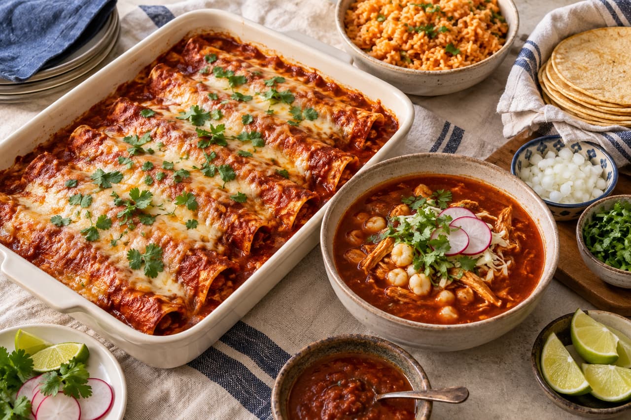 A family meal with enchiladas, pozole, rice, and tortillas